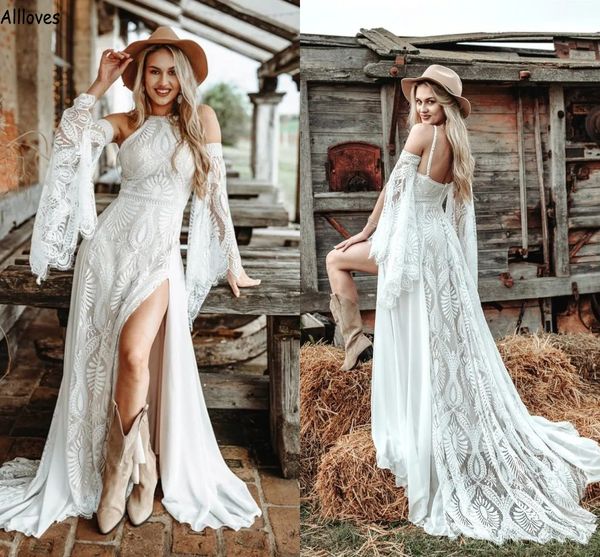hippie cowgirl coutry style wedding dresses bohemian lace flare long sleeves side slit vestidos de novia sweep train halter plus size retro, White